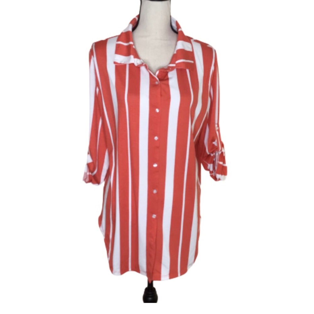 LuLaRoe Orange and Ivory Striped Valentina Button Up Roll Tab Top Medium